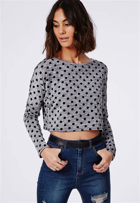 Polka Dot Devore Crop Top Grey - Tops - Long Sleeve Tops - Missguided | Crop tops, Women tops 