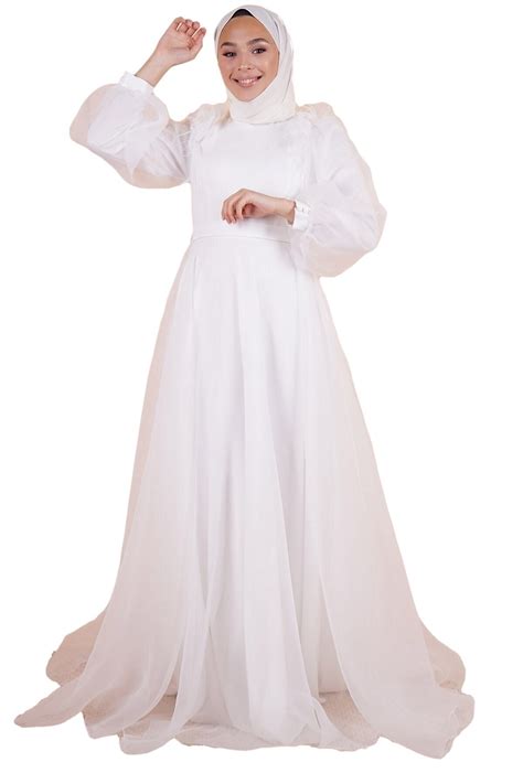 SpringStore Kadın Tesettür Abiye Elbise Ekru Balon Kol Fiyatı