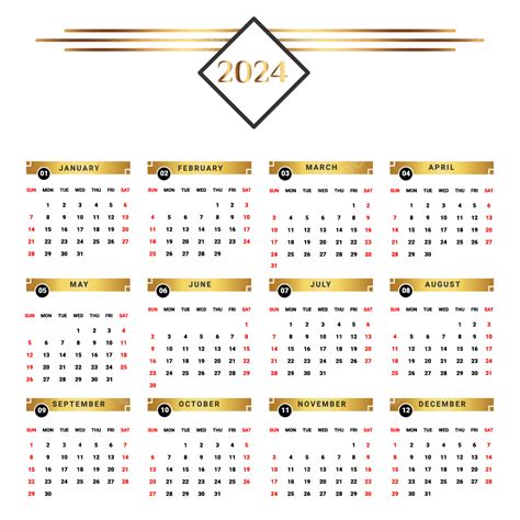 2024 Calendar With Golden And Black Geometric Shape Vector Calendar