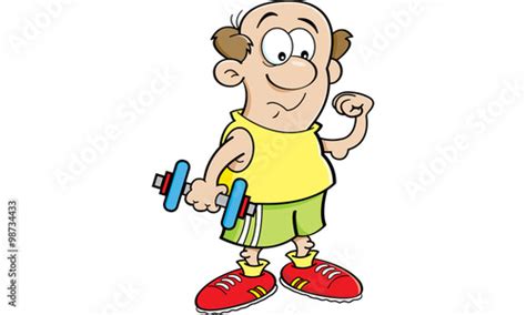 Cartoon Illustration Of A Weak Man Holding A Dumbbell And Making A