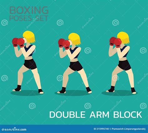 Double Arm Block Manga Boxing Poses Set Woman Cartoon Vector
