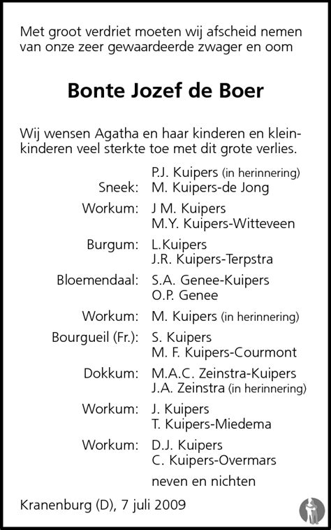 Bonte Jozef (Bonnie) de Boer 07072009 overlijdensbericht en