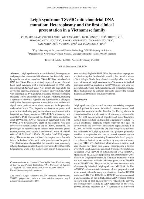 pdf leigh syndrome t8993c mitochondrial dna mutation heteroplasmy and the first clinical