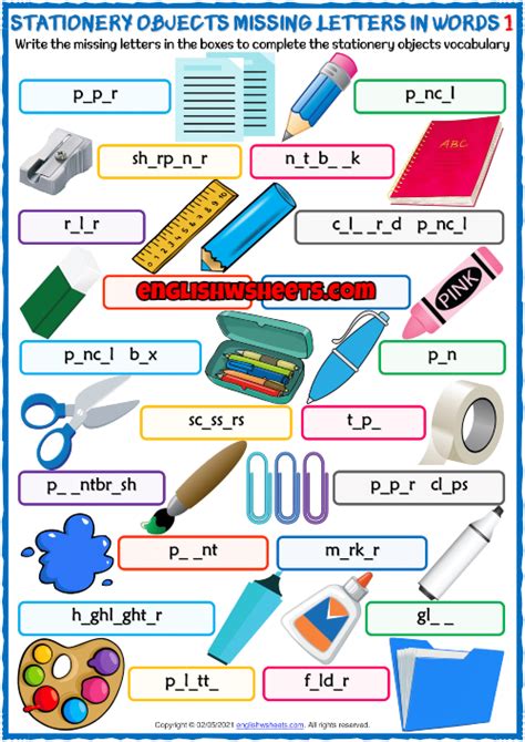 Stationery Objects Esl Missing Letters In Words Worksheets