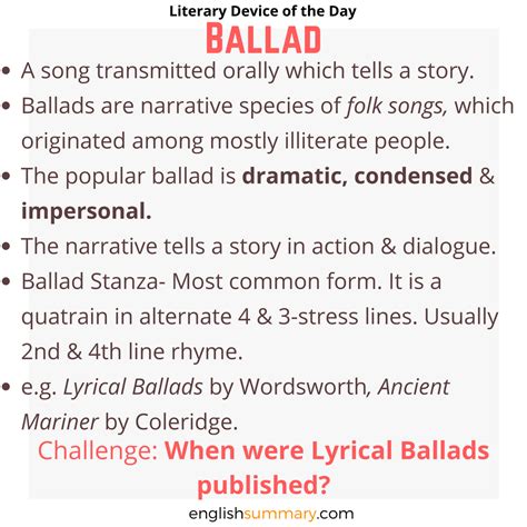 Ballad Definition Examples English Literature Notes A Level English