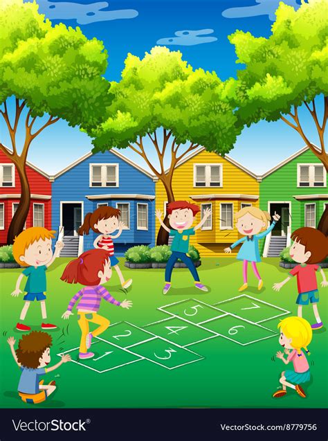 Children Playing Hopscotch In The Yard Royalty Free Vector