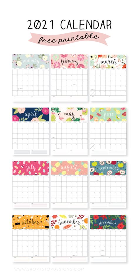 Change the title, headers, and add text to mark appointments, birthdays or anniversaries. 2021 Printable Calendar - Short Stop Designs