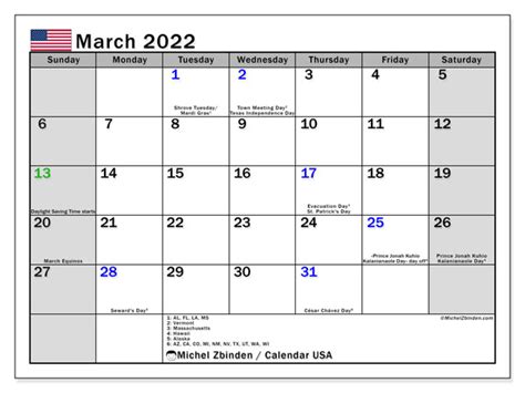 March 2022 Printable Calendar “united States” Michel Zbinden Us