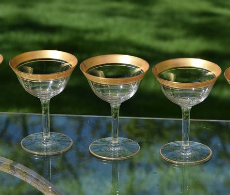 Vintage Gold Rimmed Encrusted Cocktail Martini Glasses Set Of 5