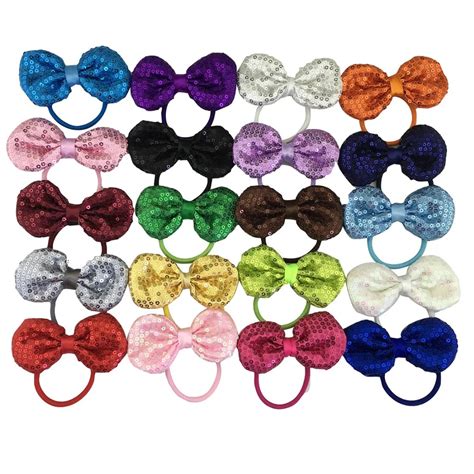 20pcslot 35inch Sequin Bows With Elastic Hairbands For Girlsbows