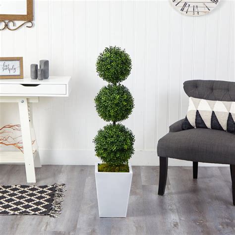 46 Boxwood Triple Ball Topiary Artificial Tree In White Metal Planter