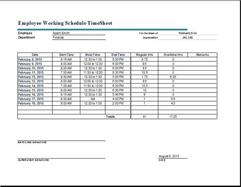 Employee Working Schedule Time Sheet Word And Excel Templates