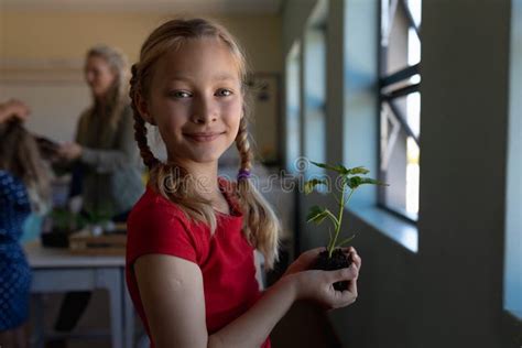 Schoolgirl With Blonde Hair In Plaits Looking To Camera In An Elementary School Classroom Stock