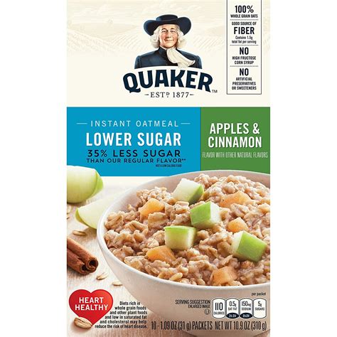 Quaker Instant Oatmeal Lower Sugar Apple Cinnamon Breakfast Cereal