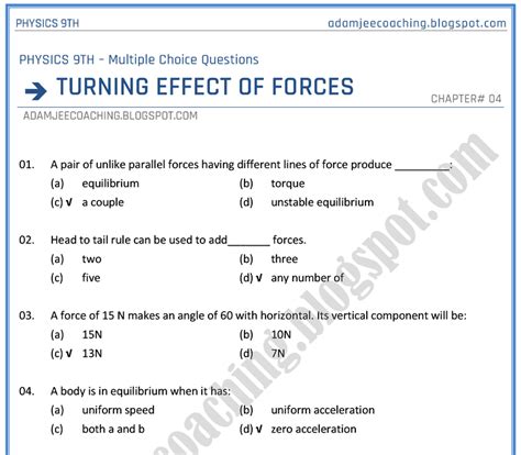 Adamjee Coaching Turning Effect Of Forces Mcqs Physics 9th