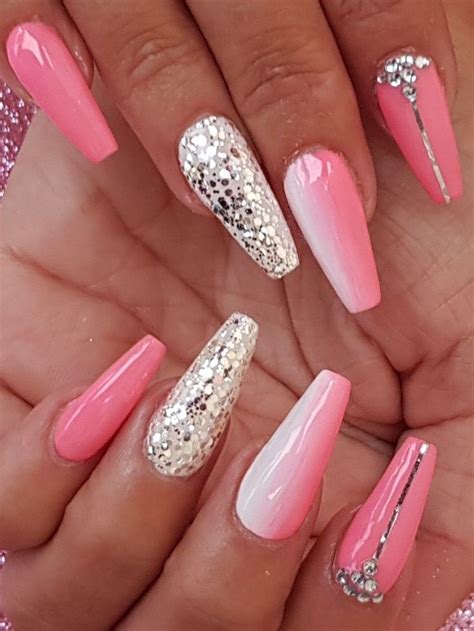 Acrylic Sculpted Nails With Glitter Ombre Stripe And Gems Acrylicnailsdesigns Glitter Nails