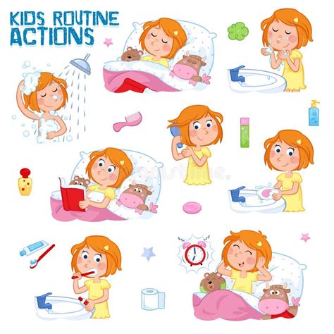 Daily Routine Of A Little Girl With Ginger Hair Set Of Eight Good