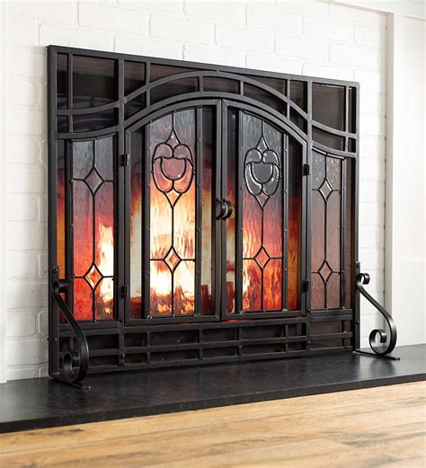 Two Door Fireplace Screen With Glass Floral Panels Eligible For