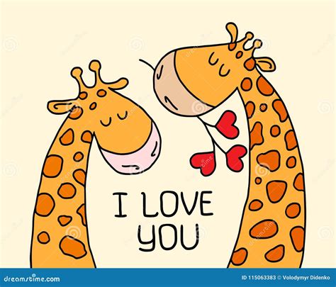 Two Cute Giraffes On Yellow Isolated Background Cartoon Love Card