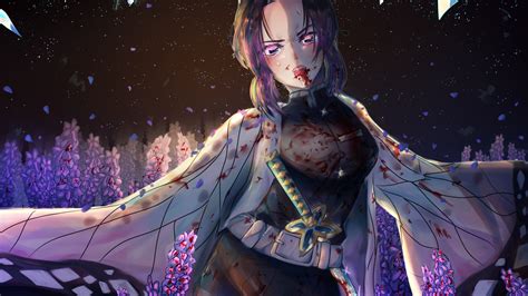 Demon Slayer Shinobu Kochou Standing Around Purple Flowers With Background Of Dark Sky And Stars
