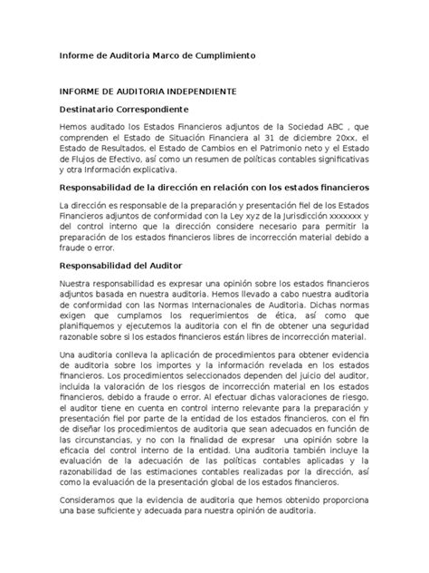 Informe De Auditoria Marco De Cumplimiento Contralor Estado Financiero