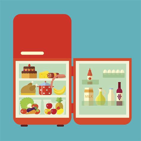 Retro Red Opened Refrigerator Full Of Food Vector Flat Illustration