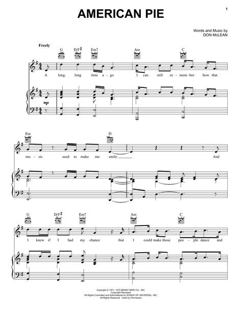 american pie sheet music don mclean piano vocal and guitar chords right hand melody