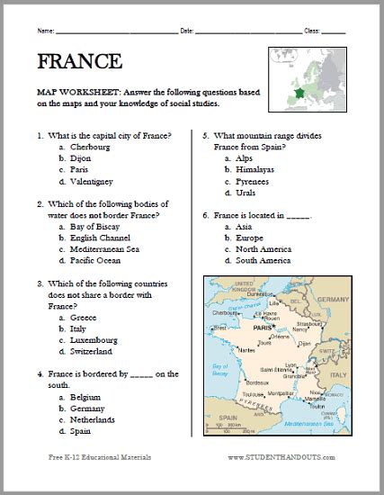 France Map Worksheet Student Handouts