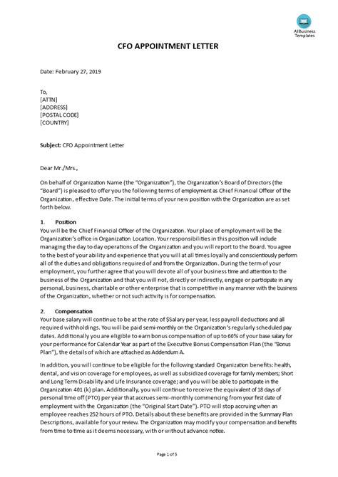 An appointment letter is written by the employer to a selected candidate in an interview session letting them know of their selection to the job they had applied. CFO Appointment Letter | Templates at allbusinesstemplates.com