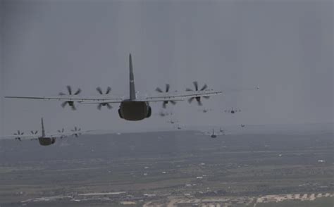 Us Air Force Flies 33 C 130j Formation For Joint Forcible Entry