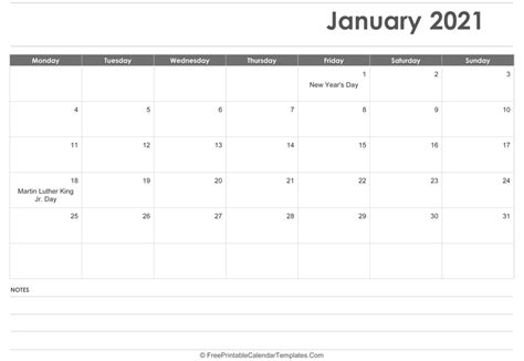 A simple monday to sunday calendar for february 2021. January 2021 Calendar Printable with Holidays