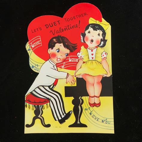 Vintage 50s Valentines Day Mechanical Boy Girl Duet Singing Large