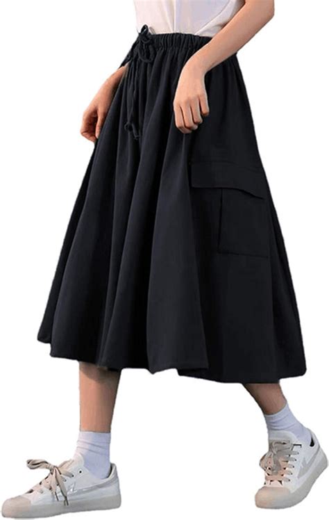 Gihuo Womens Casual Elastic Waist Solid Pleated Midi Skirts With Pockets（black L） Amazonca