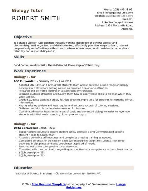 Resume examples & samples by industry. Biology Tutor Resume Samples | QwikResume