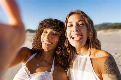 Women Multiracial Friends Take Selfie Camera Stock Photos Free