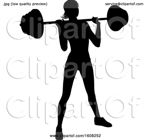Clipart Of A Silhouetted Woman Working Out With A Barbell Royalty