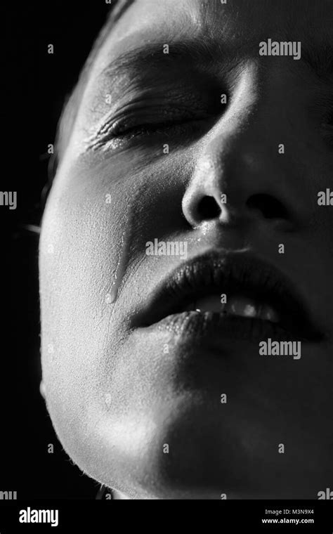 Sad Woman Crying On Black Background Closeup Portrait Monochrome Stock