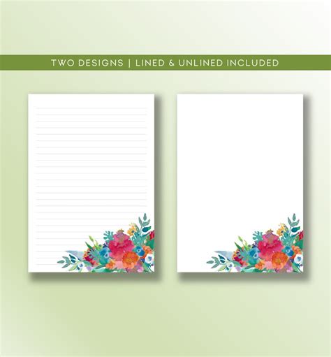 Floral Writing Paper Printable Colorful Watercolor Flower Etsy