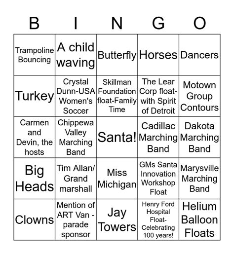 Detroit Thanksgiving Parade Bingo 2015 Bingo Card