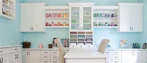 A long table built into the wall for plenty of work space with shelving above it for craft storage. 8 Craft Rooms-Creative Inspiration - EverythingEtsy.com