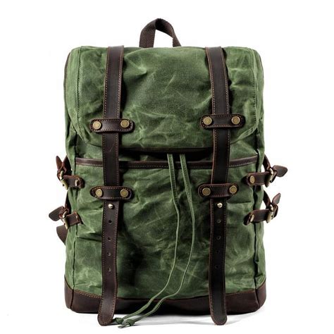Cool Waxed Canvas Leather Mens Black 156‘ Large Hiking Backpack Green