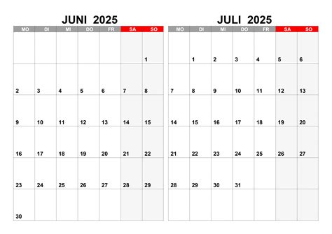 Kalender Für Juni Juli 2025 Kalendersu