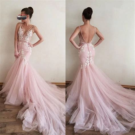 Pink Muslim Evening Dresses 2019 Mermaid V Neck Tulle Lace Appliques