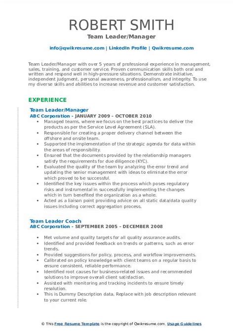 Team lead job summary 1. Team Lead Resume Samples | QwikResume