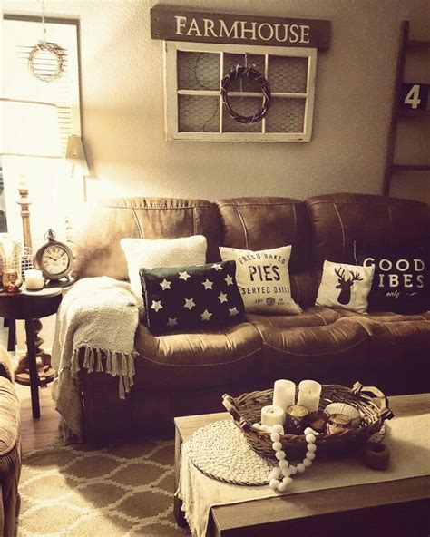 Rustic Farmhouse Living Room With Brown Couch