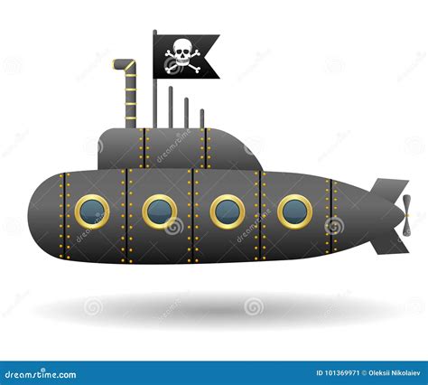 Black Pirate Submarine Jolly Roger Flag White Background Cartoon