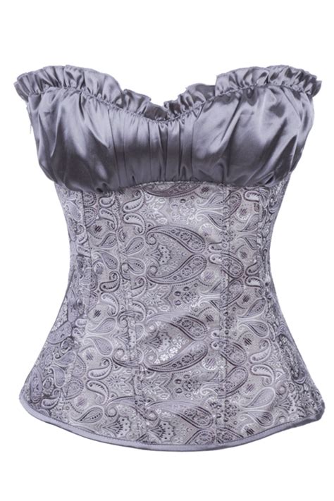 grey boned corset with ruffled satin bust paisley print bodice and grey satin ribbon lace up back