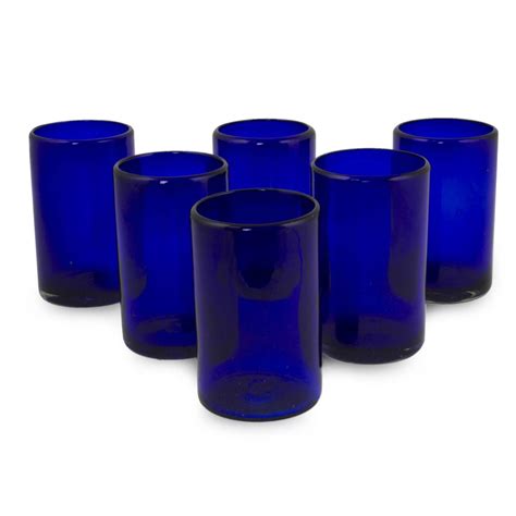 Solid Blue Handblown Glass Tumbler Drinkware Set Of 6