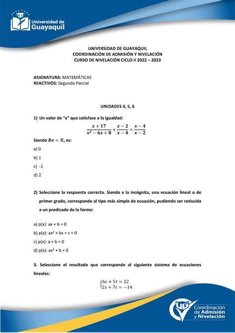 Ii Parcial Reactivos Copien Universidad De Guayaquil Coordinacin