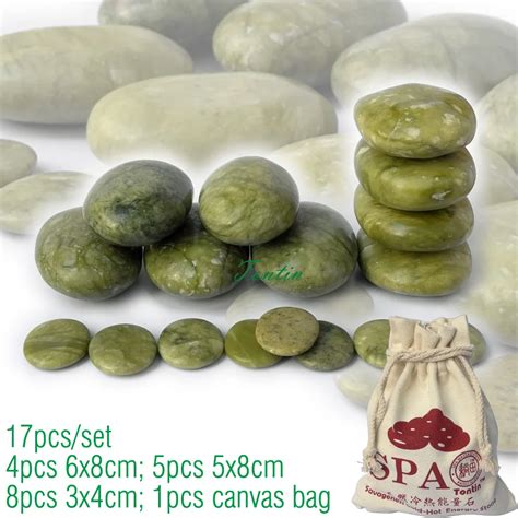 new 17pcs set green jade body massage hot stone spa with canvas ce and rohs 5pcs 5x8 4pcs 6x8